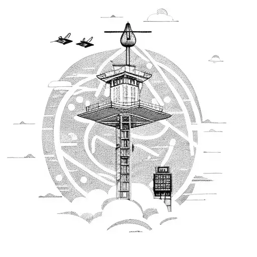 A dotwork tattoo of a druid meditating on top of an air traffic control tower, with airplanes circling around them tattoo design idea