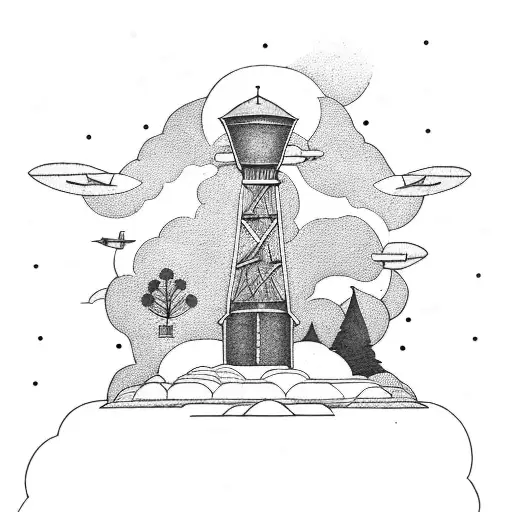 A dotwork tattoo of a druid meditating on top of an air traffic control tower, with airplanes circling around them tattoo design idea