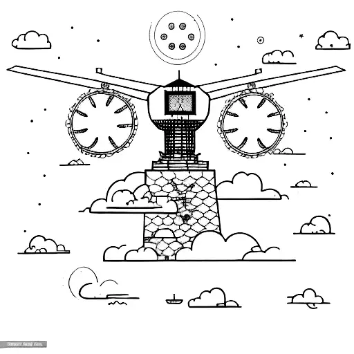 A dotwork tattoo of a druid meditating on top of an air traffic control tower, with airplanes circling around them tattoo design idea