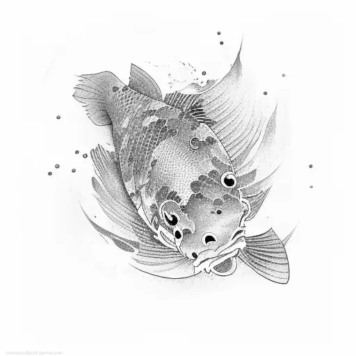 A koi fish surrounded by colorful brushstrokes, inspired by Korean art, in a dotwork style tattoo design idea