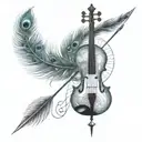 peacock feather tied to an Arrow with small part of violin and musical notation and other creative designs tattoo design idea