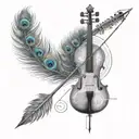 peacock feather tied to an Arrow with small part of violin and musical notation and other creative designs tattoo design idea