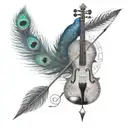 peacock feather tied to an Arrow with small part of violin and musical notation and other creative designs tattoo design idea
