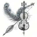 peacock feather tied to an Arrow with small part of violin and musical notation and other creative designs tattoo design idea