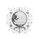 A dotwork tattoo of a globe with coding symbols forming the continents tattoo design idea