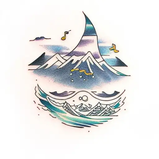 music, ocean, mountains, sunsets, friends tattoo design idea