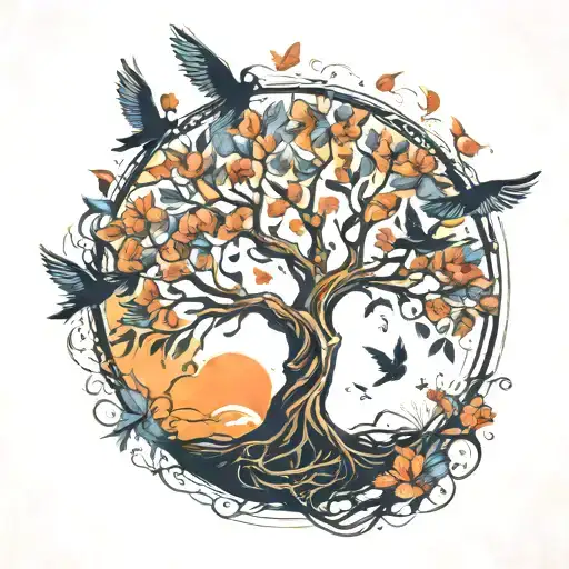 a tree of life with flying birds flying away tattoo design idea