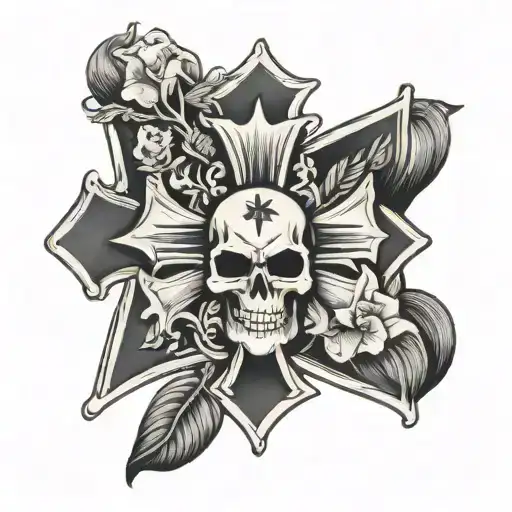 iron cross surrounded by a laurel wreath with skulls and lillys and a banner tattoo design idea
