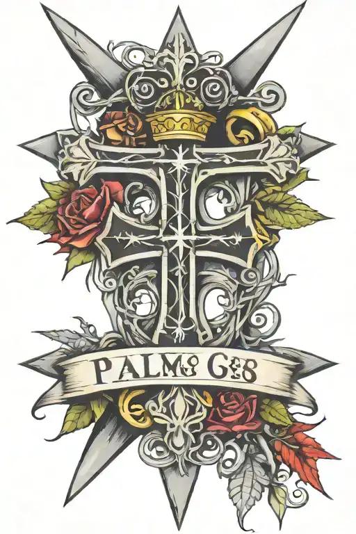 iron cross surrounded by a crown of thorns with a banner across saying "psalm 3:6" tattoo design idea
