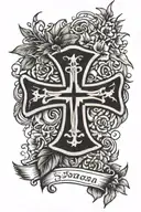 iron cross surrounded by a laurel wreath with skulls and lillys and a banner tattoo design idea