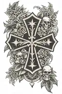 iron cross surrounded by a laurel wreath with skulls and lillys and a banner tattoo design idea