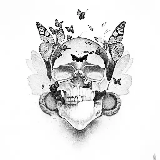 broken skull with butterflies  tattoo design idea