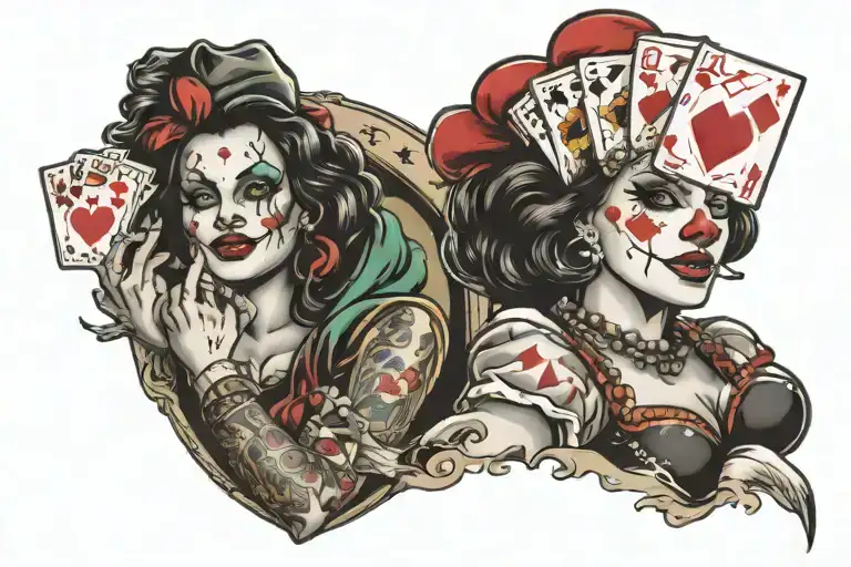 a beautiful clown girl with pocket aces in her hand. above her is a bold "LA" dodgers logo tattoo design idea