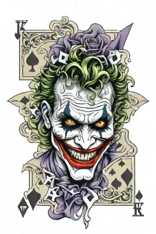 the face of the joker printed on the card of the joker and the four aces tattoo design idea