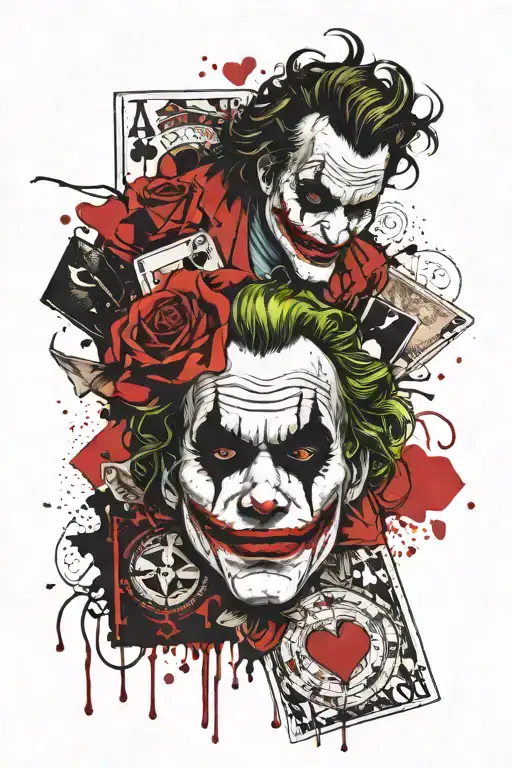 the four normal aces and the joker card with the Joker's face tattoo design idea