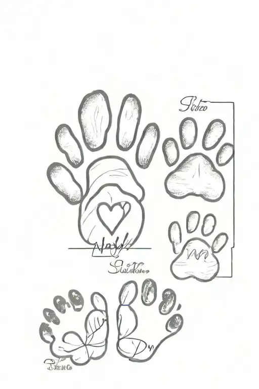 2 x dog pawprint with name Leo and Nala, 1 x baby footprint with name Rósana 14.04.2024 tattoo design idea