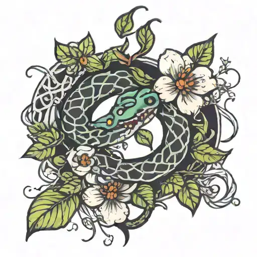 moons witchy snake flowers tattoo design idea