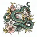 moons witchy snake flowers tattoo design idea