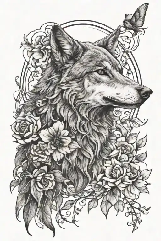 wolf raven moon flowers intertwined tattoo design idea