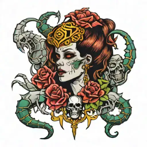 Scorpion women with skulls surrounded tattoo design idea