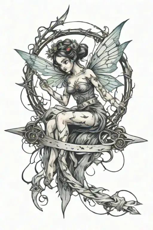 The fairy is pierced by a knife and strangled by barbed wire tattoo design idea