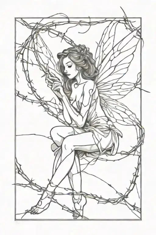 The fairy is pierced by a knife and strangled by barbed wire tattoo design idea
