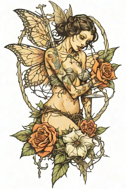 The fairy is pierced by a knife and strangled by barbed wire tattoo design idea