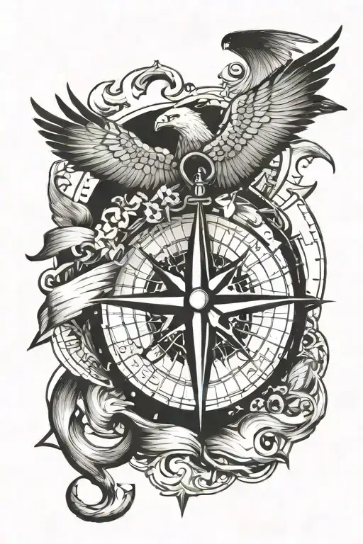 compass anchor and eagle flying tattoo design idea