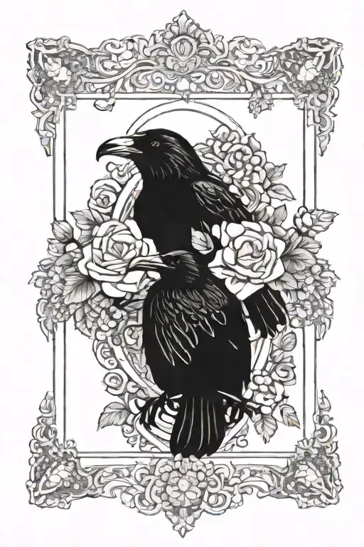 rustic picture frame with a raven and hekate with flowers lace and chandelier  tattoo design idea