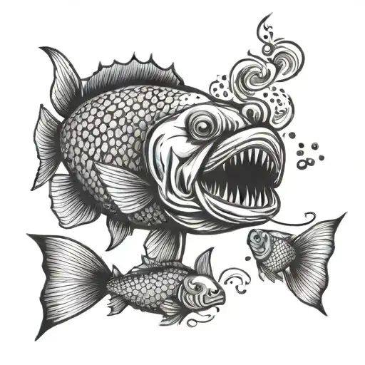 A smoking pipe morphing into a school of fish swimming in a river, symbolizing the client's love for smoking and fishing tattoo design idea