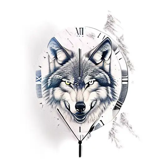 clock with wolf and dragon sleeve tattoo design idea