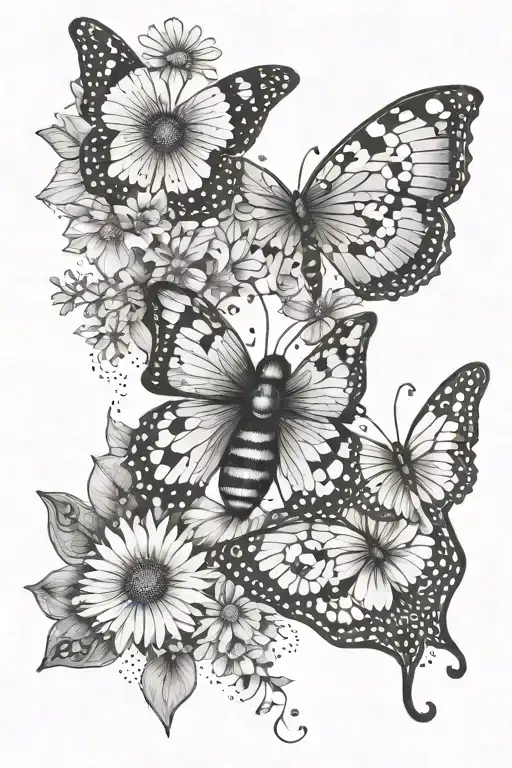 A dotwork tattoo of a geometric pattern incorporating butterflies, ladybugs, daisies, and leilani flowers tattoo design idea