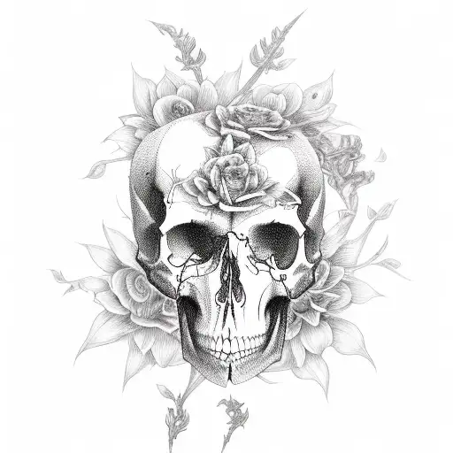 whymsical gothic flowers and skulls tattoo design idea