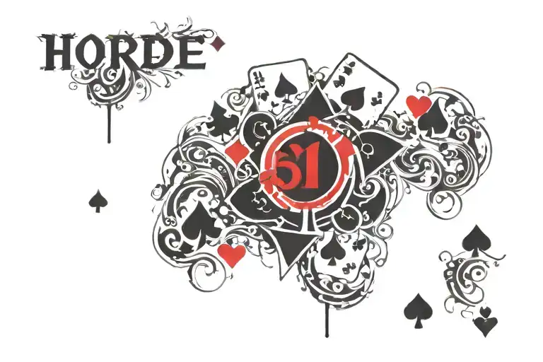 horde logo combined with poker Chips with Number 21 , 7, 3, and cards (ace and five of spades)  tattoo design idea