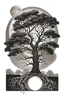 phases of the moon above an oak tree with roots reaching deep tattoo design idea