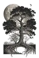 phases of the moon above an oak tree with roots reaching deep tattoo design idea