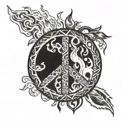 love heart peace sign that is on fire tattoo design idea