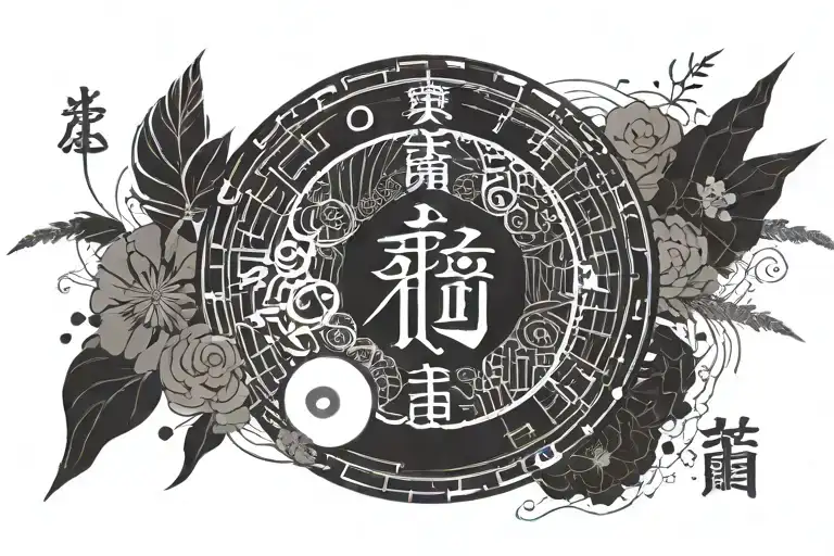 written friends and family inside an enso circle with the kanji of its meaning underneath tattoo design idea