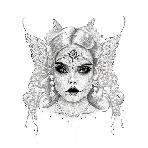 lace with diamonds and pearls  tatted angel looking in vintage mirror of día dmuerte girl blow smoke out tattoo design idea