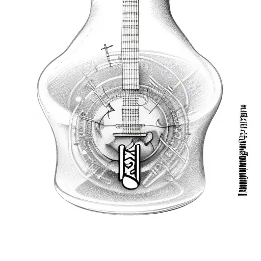 A detailed sketch of a laboratory flask morphing into a guitar neck, symbolizing the fusion of science and music tattoo design idea