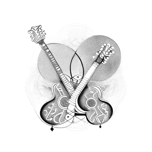 An intricate design of a guitar and drum set intertwined with musical notes and symbols tattoo design idea