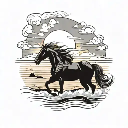 A majestic horse galloping along the beach at sunset tattoo design idea