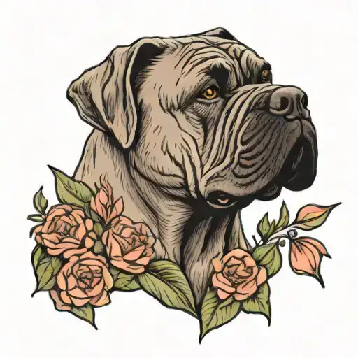 cane corso dog cropped ears with flowers  tattoo design idea