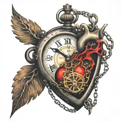 heart with chains and clock, " Time waits for no one" tattoo design idea