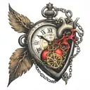 heart with chains and clock, " Time waits for no one" tattoo design idea