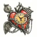 heart with chains and clock, " Time waits for no one" tattoo design idea