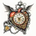 heart with chains and clock, " Time waits for no one" tattoo design idea