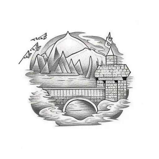 little bridge made of bricks in a river tattoo design idea