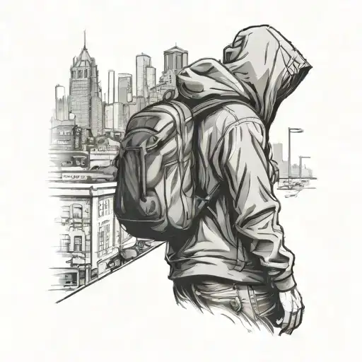 A boy with a bag wearing a hoodie. Facing a city alone. tattoo design idea