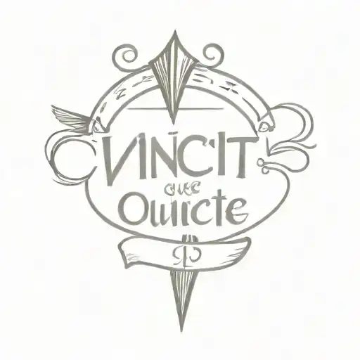 "Vincit qui se vincit" written on an old parchment, along with quill pen and ink, inside Caesar's crown tattoo design idea